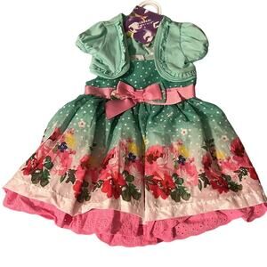 NWT Baby Floral Aqua and Pink Spring Dress with Crop Jacket 12 m